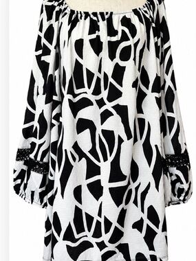 Mod 60s Geometric Abstract Tunic Top Boho Black White Balloon Sleeve 2X Blouse